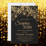 Black Gold String Lights Surprise 50th Birthday Invitation<br><div class="desc">50th birthday party invitation for women with glittering gold string lights and sparkling bokeh on a bold black background. Because text is customizable, this invitation is designed for a lady who is celebrating any birthday. (18th, 21, st, 30th, 40th, 50th, 60th, 70th, 80th, 90th, 100th... .or any age). Text, fonts...</div>