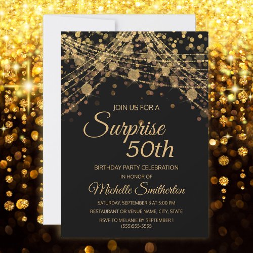 Black Gold String Lights Surprise 50th Birthday Invitation