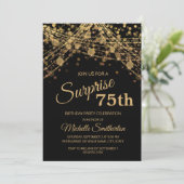 Black Gold String Lights Surprise 75th Birthday  Invitation (Standing Front)