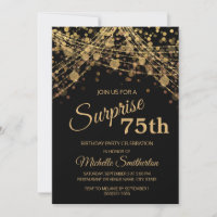 Black Gold String Lights Surprise 75th Birthday  Invitation