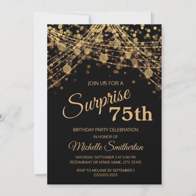 Black Gold String Lights Surprise 75th Birthday  Invitation (Front)