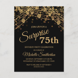 Black Gold String Lights Surprise 75th Birthday Postcard
