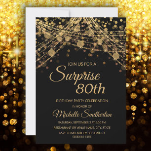 Black Gold String Lights Surprise 80th Birthday Invitation