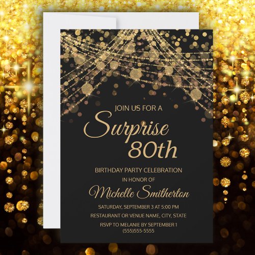 Black Gold String Lights Surprise 80th Birthday Invitation
