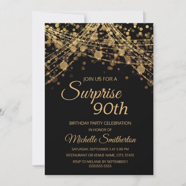 Black Gold String Lights Surprise 90th Birthday Invitation (Front)