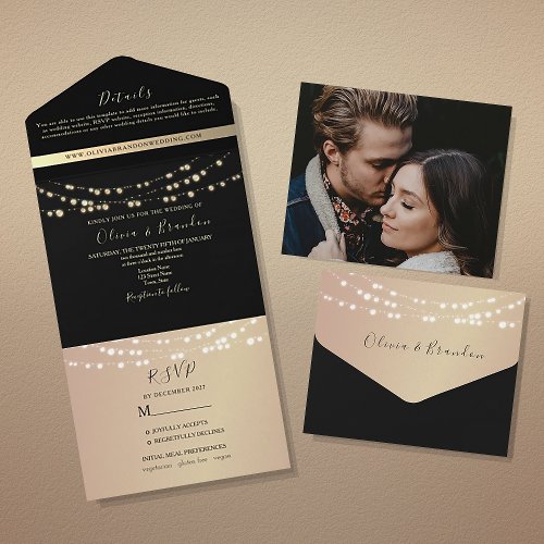 Black Gold String Lights Wedding All In One Invitation