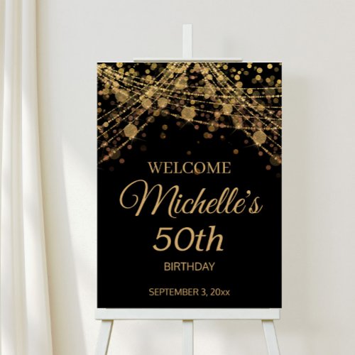 Black Gold String Lights Welcome 50th Birthday Foam Board