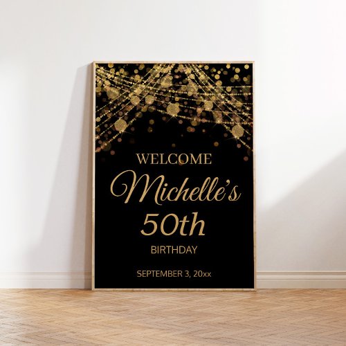 Black Gold String Lights Welcome 50th Birthday  Poster