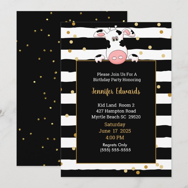 Black Gold Stripe Cow Theme Kids Birthday Party  Invitation (Front/Back)