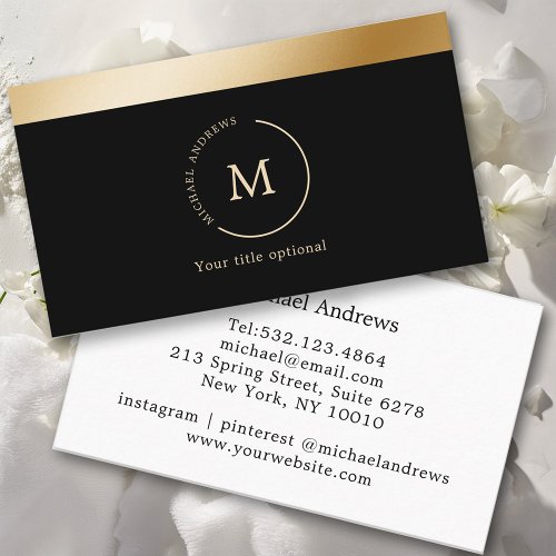 Black Gold Stripe Monogramm Circle Business Card