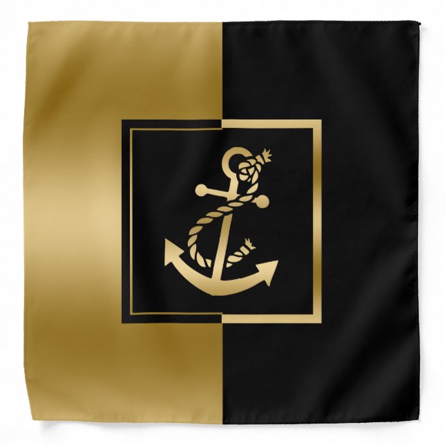 Black & Gold Stripe Nautical Gold Boat Anchor Bandana (Front)