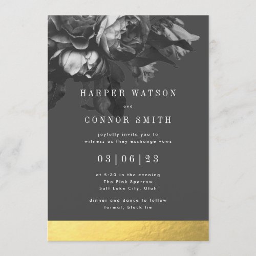 Black Gold Stripe Rose Bouquet Wedding Invitation