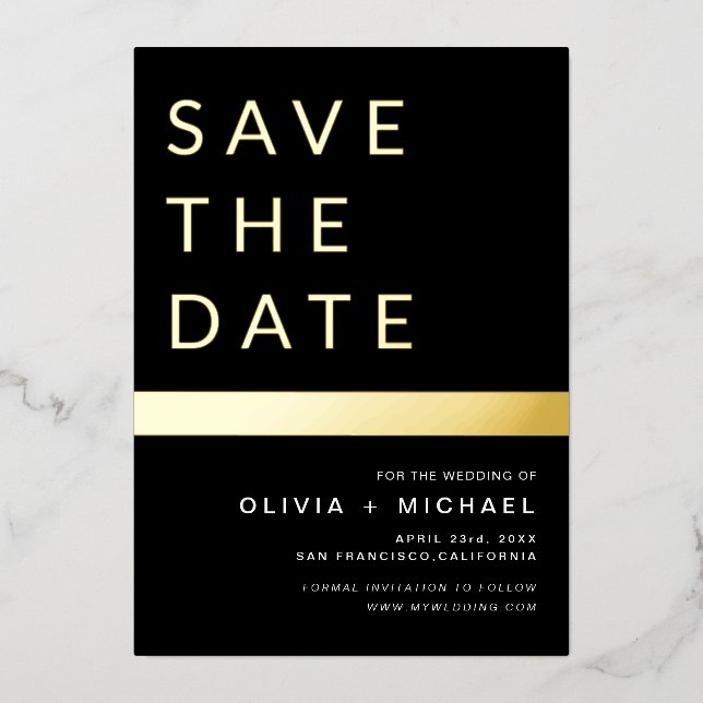 Black Gold Stripe Save the Date Elegant Foil Invitation (Front)