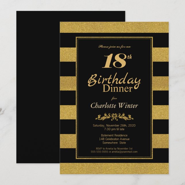 Black Gold Striped 18th Birthday Dinner Invitation (Front/Back)