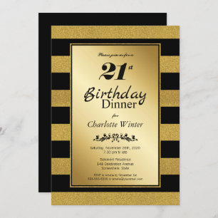 Black & Gold Striped 21st Birthday Dinner Invitation