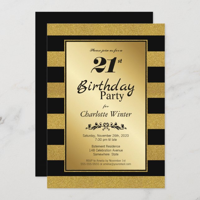Black Gold Striped 21st Birthday Party Invitation (Front/Back)