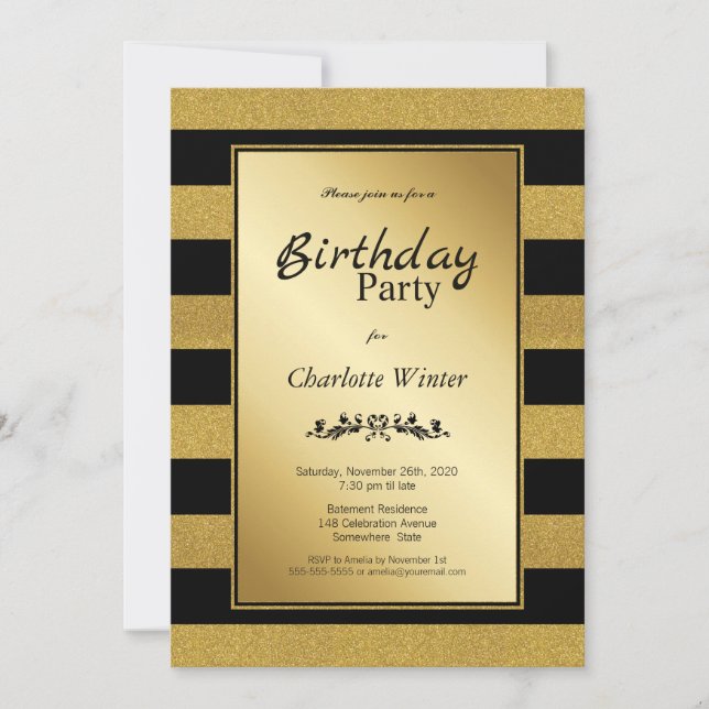Black Gold Striped Any Age Birthday Party Invitation (Front)