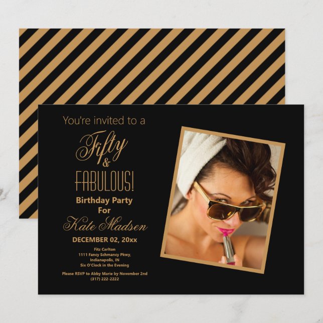 Black & Gold Striped Fifty & FABULOUS! Party Invitation (Front/Back)