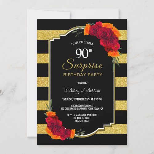 Black Gold Striped Floral Surprise 90th Birthday Invitation