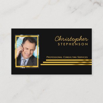 Black Gold Striped Professional Consulting Photo Business Card by hhbusiness at Zazzle