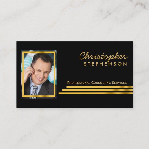 Black Gold Striped Professional Consulting Photo Business Card