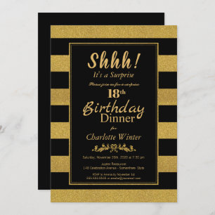 Black & Gold Striped Surprise 18th Birthday Dinner Invitation