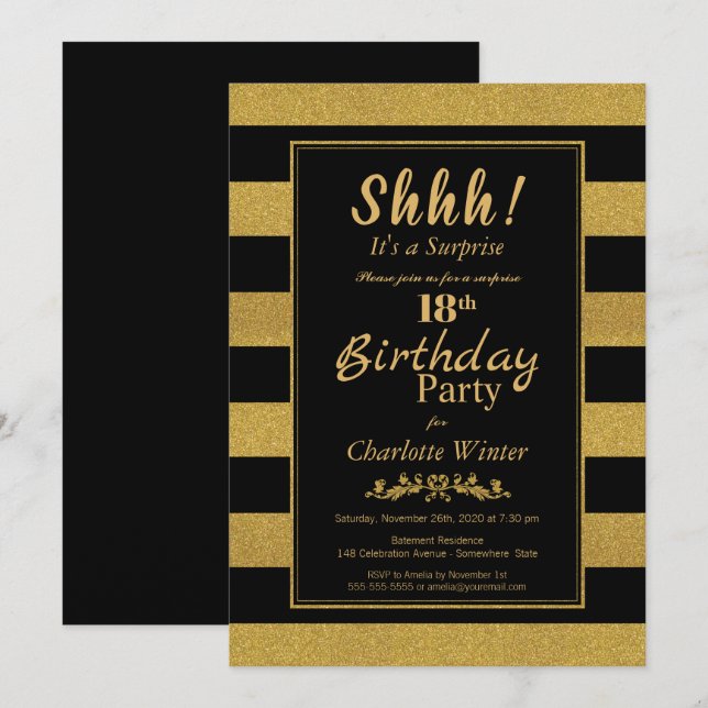 Black & Gold Striped Surprise 18th Birthday Party Invitation (Front/Back)