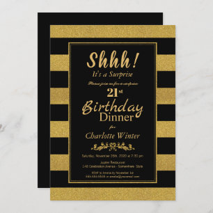 Black & Gold Striped Surprise 21st Birthday Dinner Invitation