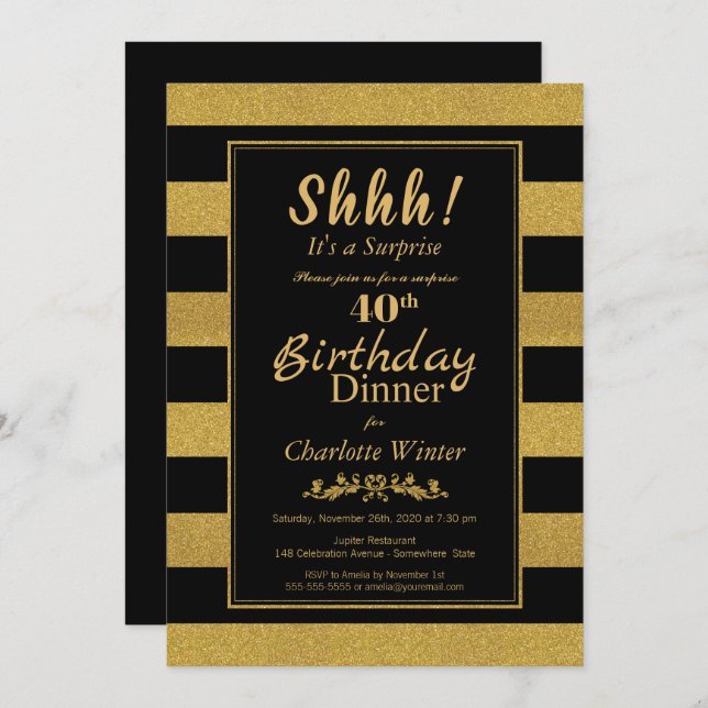 Black & Gold Striped Surprise 40th Birthday Dinner Invitation (Front/Back)