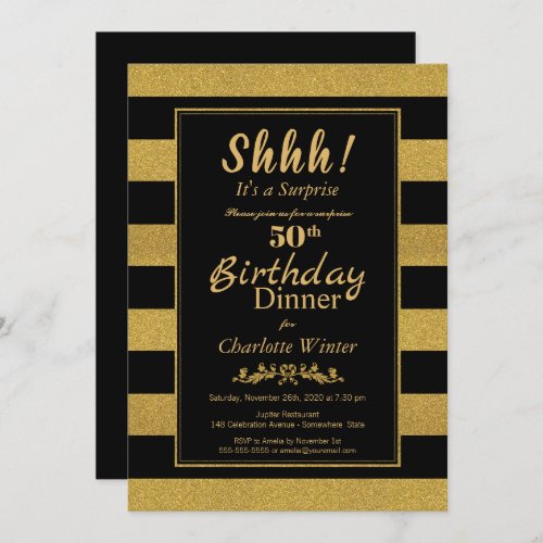 Black  Gold Striped Surprise 50th Birthday Dinner Invitation