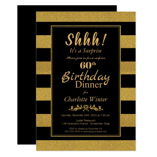 Black & Gold Striped Surprise 60th Birthday Dinner Invitation | Zazzle.com