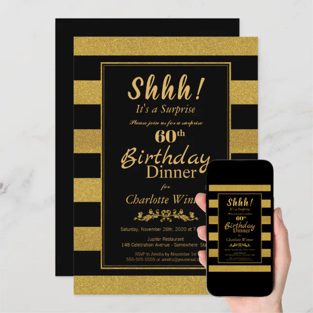 Black & Gold Striped Surprise 60th Birthday Dinner Invitation | Zazzle