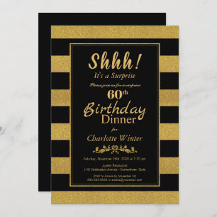 Black & Gold Striped Surprise 60th Birthday Dinner Invitation