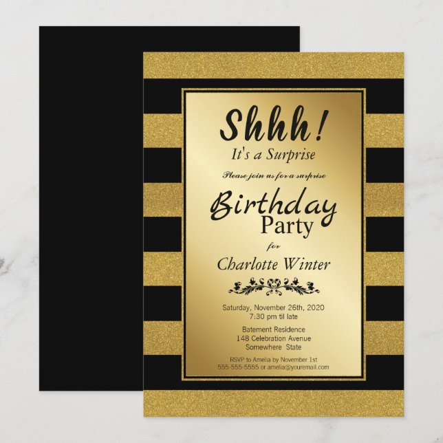 Black Gold Striped Surprise Birthday Party Invitation (Front/Back)