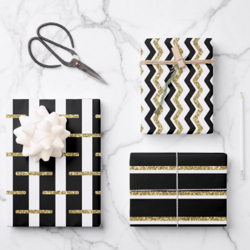 Black Gold Striped Wrapping Paper Sheet Set of 3