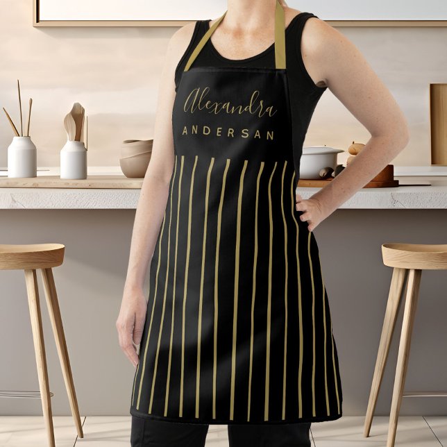 Black Gold Stripes Elegant Script Monogram Apron (Elegant Script Name Monogram Black Gold Stripes Apron)