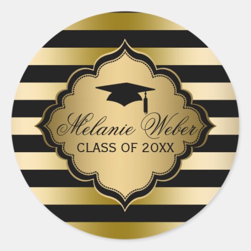 Black  Gold Stripes_Graduations Classic Round Sticker