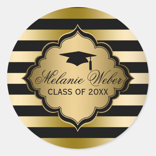 Black & Gold Stripes-Graduations Classic Round Sticker