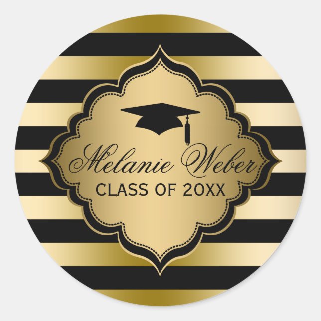 Black & Gold Stripes-Graduations Classic Round Sticker (Front)
