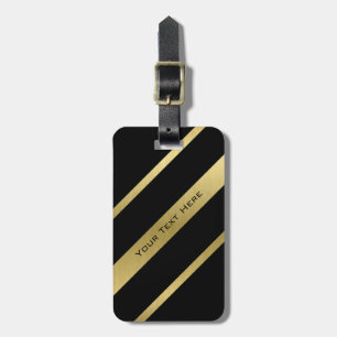 Black & Gold Stripes Luggage Tag w/ leather strap