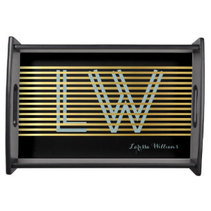 Black & Gold Stripes Monogram Personalized Serving Tray
