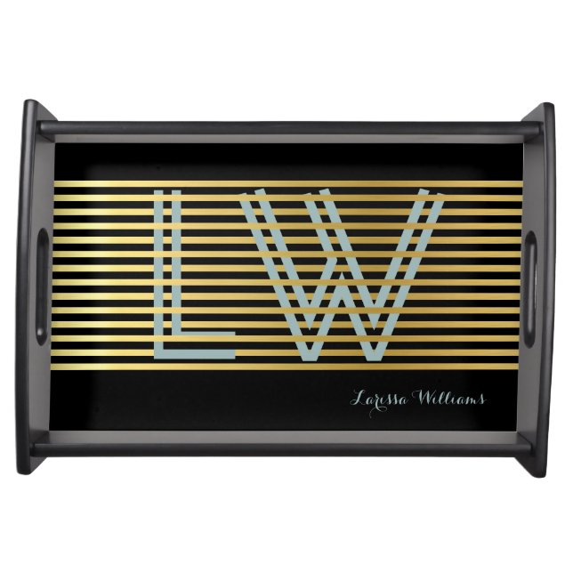 Black & Gold Stripes Monogram Personalized Serving Tray (Front)