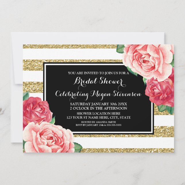 Black Gold Stripes Pink Flowers Bridal Shower Invitation (Back)