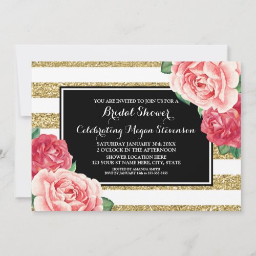 Black Gold Stripes Pink Flowers Bridal Shower Invitation