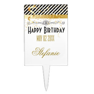 Black & Gold Stripes with Confetti Cake Topper