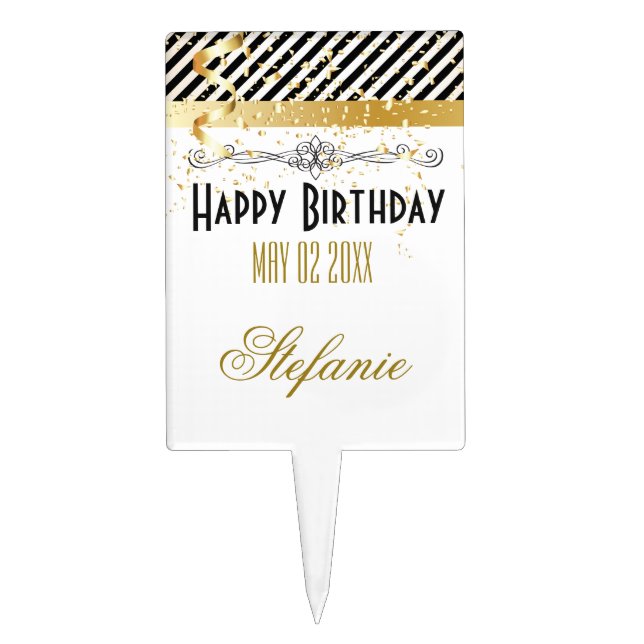 Black & Gold Stripes with Confetti Cake Topper (Front)