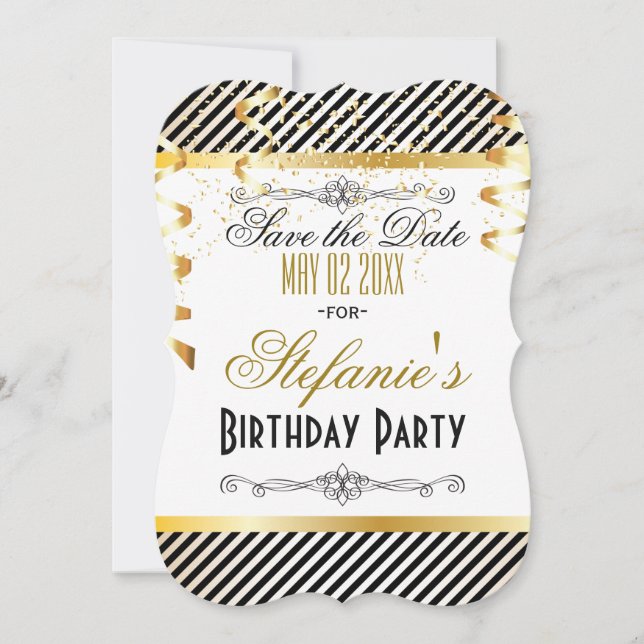 Black & Gold Stripes with Confetti Save The Date (Front)