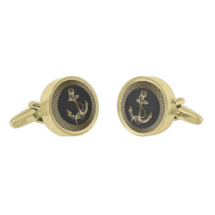 Black & Gold Stripes With Nautical Boat Anchor 2 Gold Cufflinks