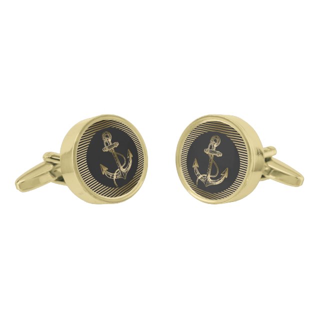 Black & Gold Stripes With Nautical Boat Anchor 2 Gold Cufflinks (Angled)