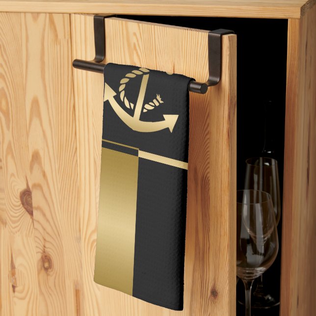 Black & Gold Stripes With Nautical Boat Anchor Kitchen Towel (Thirds Fold)